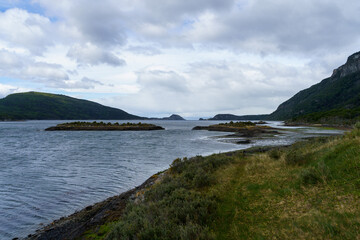 Landscape of the Beagle Channel with surrounding Andean mountains from Tierra del Fuego National Park, Ushuaia - Argentina, Tierra del fuego