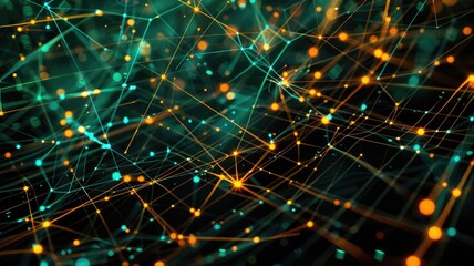 Abstract art of digital network with glowing orange and blue dots on a dark background. digital art of glowing lines and dot connecting. Technology and data visualization concept for wallpaper. AIG53F