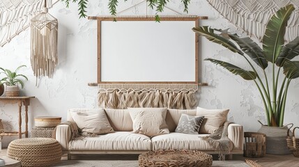 A modern bohemian living room with a white couch, woven wall hanging, and a large plant in a woven basket