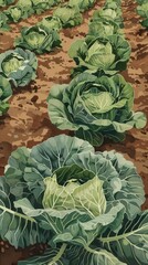 Cabbages on the farm plantation are adorned with dewdrops, each head flourishing in the fertile soil, ready to provide a nutritious and hearty harvest, illustration