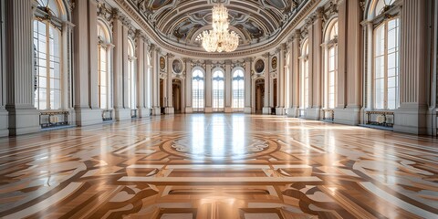 Obraz premium Opulent palace interior adorned with intricate decorations and magnificent crystal chandelier. Concept Luxurious Interiors, Palace Decor, Crystal Chandelier, Opulent Settings