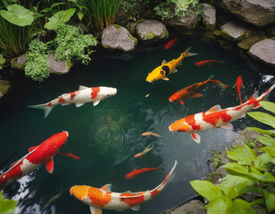 Carpe koi dai colori accesi che nuotano in un laghetto con piante acquatiche e rocce.
