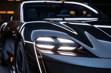 close-up of the front end of a sleek, modern car with illuminated LED headlights. The car's glossy black finish reflects light beautifully, emphasizing its luxury and high-performance design