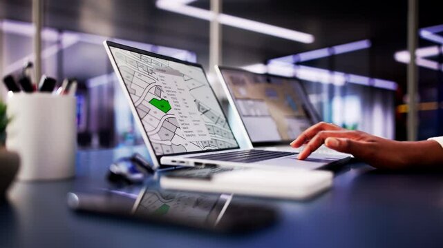 African American woman closely examining cadastral map on laptop screen
