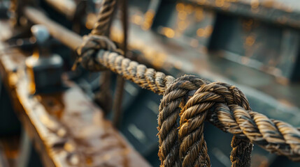 A strong, taut rope is attached to a stainless steel hook on the ship's deck.