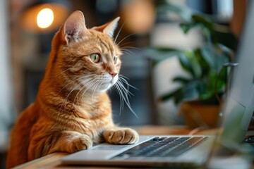 Red cat freelancer working on computer