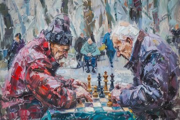 In a lively city park, old people gather to play chess, the peaceful setting, dotted with benches and greenery, provides a perfect backdrop for their strategic and social game