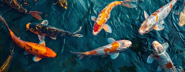 Koi fishes swimming in a koi fishpond, scenic view, peaceful state, created with AI