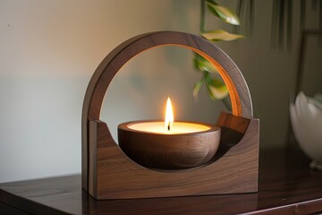 Dark wood finish candle warmer lamp with simple design. Enhancing home decor