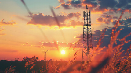 Fototapeta premium A tall tower used for communication stands in front of a beautiful summer sunset.