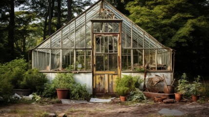 Desolate greenhouse with crumbling structure, echoes of past cultivation