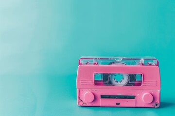 Fototapeta premium A pink handheld portable player against a turquoise backdrop exudes '90s flair, blending retro charm with vibrant colors in an iconic style