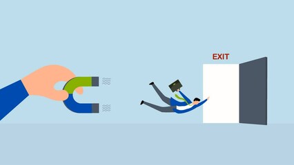 4k animation of Boss holds a magnet to pull a resignation letter 