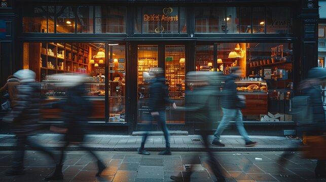 People in a rush walk past a warmly lit bakery on a busy street, creating a juxtaposition of the fast-paced urban life with the cozy, inviting interior of the bakery.