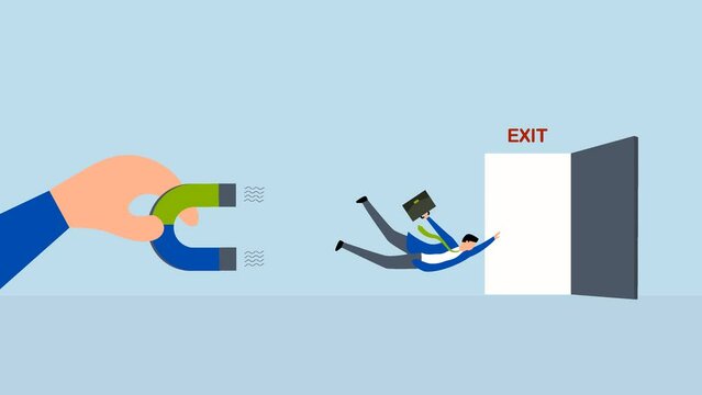 4k animation of Boss holds a magnet to pull a resignation letter 