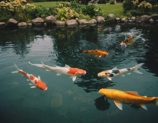 Carpe koi di vari colori che si muovono lente in un laghetto circondato da alberi.
