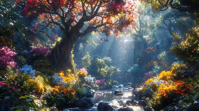 Adam and Eve in the lush Garden of Eden, surrounded by vibrant flora and fauna, basking in the serene beauty of their paradise home.