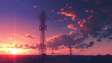 A tall tower used for communication stands in front of a beautiful summer sunset.