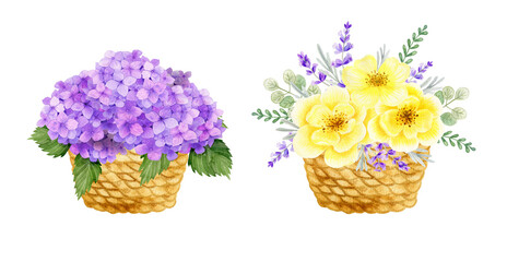 Watercolor yellow roses bouquet and hydrangea in basket. Summer arrangements with light lemon flowers and lavender