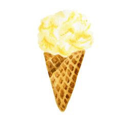 Watercolor illustration of yellow ice-cream cone. Hand drawn sweet summer colorful dessert