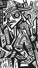 Abstract black and white geometric illustration of a human figure in a complex urban environment. High contrast lines and shapes create a modern, futuristic aesthetic