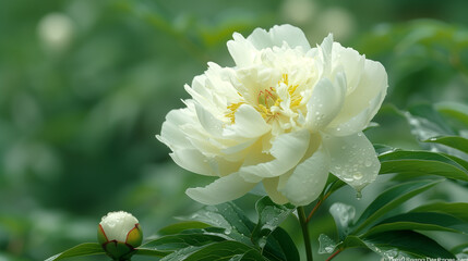 A detailed close-up of a white peony flower with dew drops on its petals and leaves, set against a soft green blurred background, highlighting nature's beauty