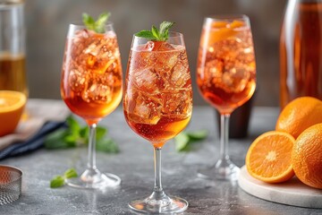 A refreshing Aperol spritz cocktail in a wine glass, with Aperol, prosecco, and a splash of soda water.