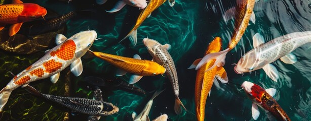 Koi fishes swimming in a koi fishpond, scenic view, peaceful state, created with AI