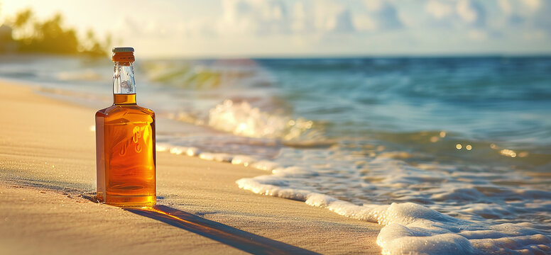 bottle of rum on the sand near the shore
