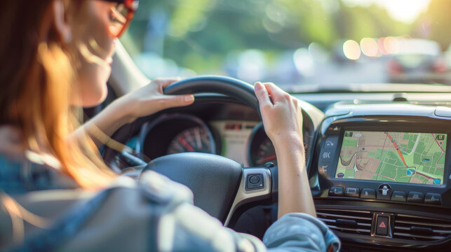 A woman uses a car navigation system to find out where she wants to go.