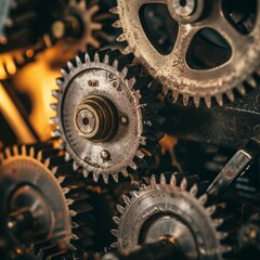 Close-up of Mechanism with Cogwheel and Gears Working Together