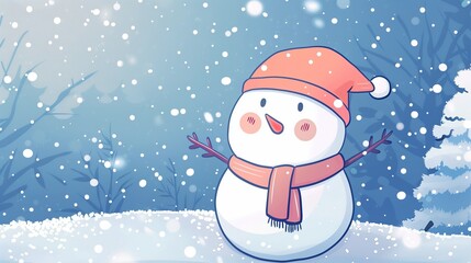 cute kawaii winter snowman with snowing background