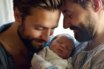 Two smiling, happy, bearded gay male parents loving and holding a newborn baby.	