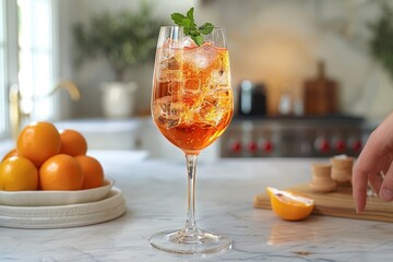 A refreshing Aperol spritz cocktail in a wine glass, with Aperol, prosecco, and a splash of soda water.