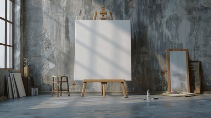 An empty canvas on an easel stands in a loft studio, bathed in natural light that streams through a large window