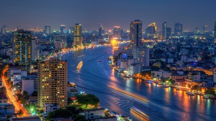 Obraz premium Nighttime smart city lights on river bridge with network tech and telecom connectivity