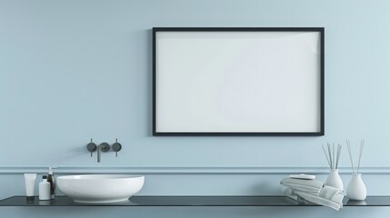 A contemporary bathroom featuring a white porcelain sink, a sleek black faucet, and a framed artwork on the wall