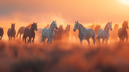 Herd of horses galloping in a vibrant autumn landscape.