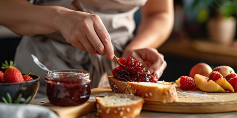 A woman spreads fruit jam on freshly baked bread, enjoying the combination of tangy fruit and buttery toast.