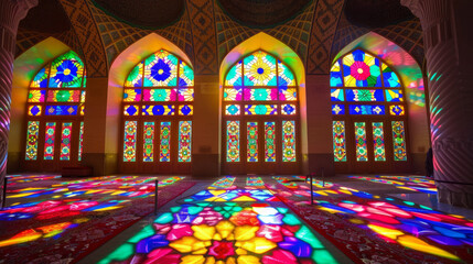 Adorned with intricate stained glass, the Sheikh Zayed Grand Mosque in Abu Dhabi captivates. Its stunning windows bathe the interior in vibrant hues, creating an ethereal atmosphere.