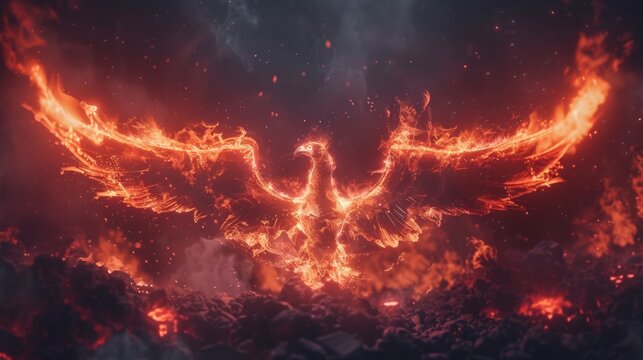 Majestic phoenix bird 3d illustration in fantasy realm with gold wings on magical background