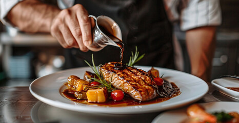 A chef is pouring sauce over a plate of food