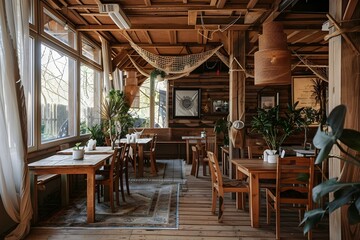 Fototapeta premium Cozy wooden interior of restaurant, copy space 