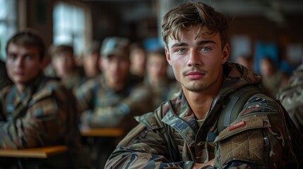 An army recruit, attentive and serious, sits among his classmates in a camouflage uniform during a training session that emphasizes learning and resilience.