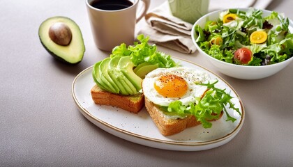 Healthy breakfast bread with avocado, grilled egg and salad, plus coffee.
