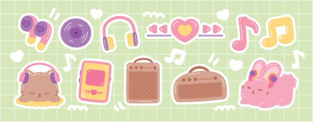 cute hand drawn kawaii style cartoon graphic vector set in listening music concept