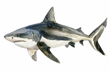 Fototapeta premium Watercolor painting of a great white shark swimming underwater, showcasing its powerful presence in the ocean
