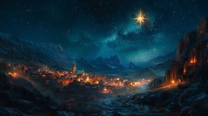 The Star of Bethlehem shining brightly over the town, guiding the Magi on their journey, set against a clear, starry night sky.