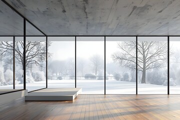 Empty room interior design, open space with big panoramic windows on winter view with snow, parquet wooden floor, corrugated sheet roof, modern minimal architecture idea, copy space see