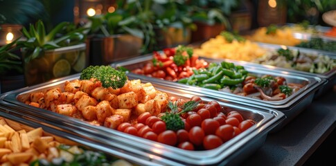 Obraz premium Indoor Catering Buffet: Group of People Enjoying Grilled Meat in Restaurant. Buffet Service for Festive Events, Parties, or Wedding Receptions.